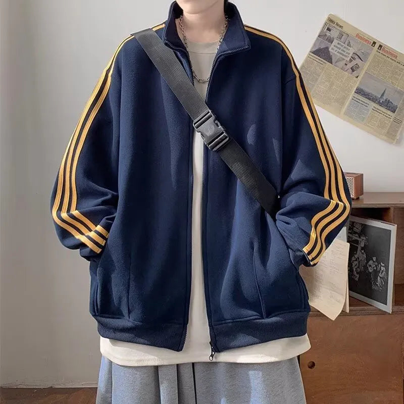 Men's loose fit casual sports jacket in navy blue, polyester, long sleeves, spring autumn
