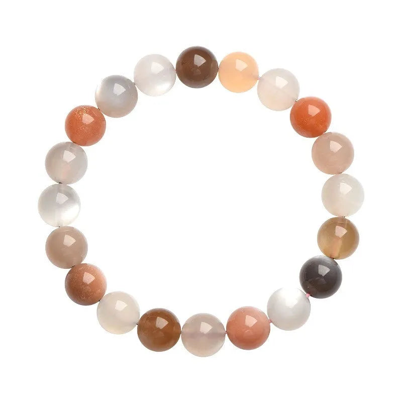 Natural colourful moonlight moonstone bracelet with 8mm single circle beads on a wrist.