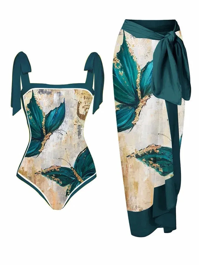 Women's printed chiffon swimsuit with hip skirt in floral pattern