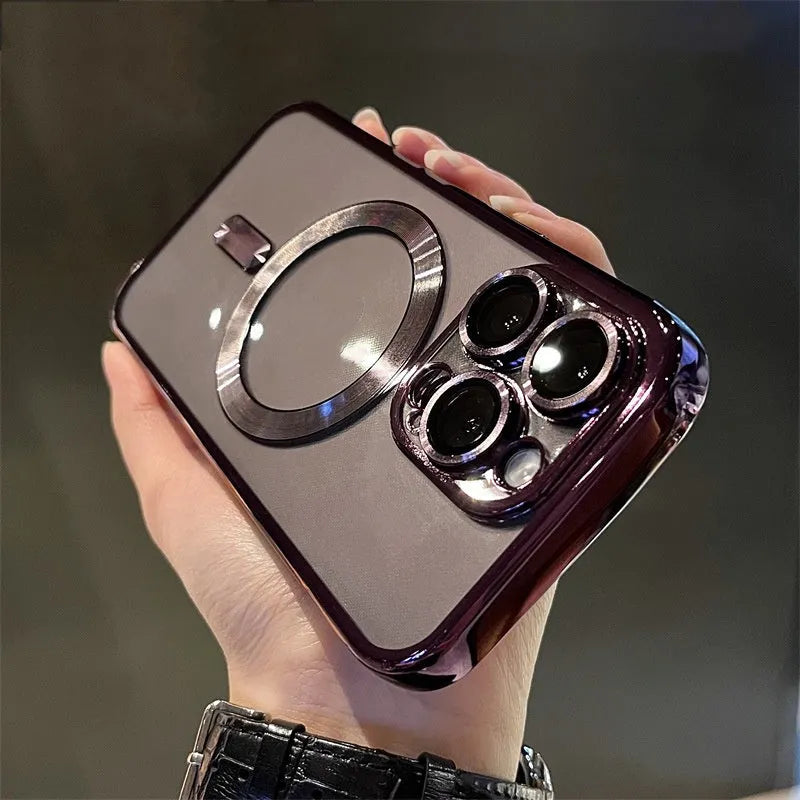 Electroplated magnetic TPU phone case for iPhone in black with camera lens film