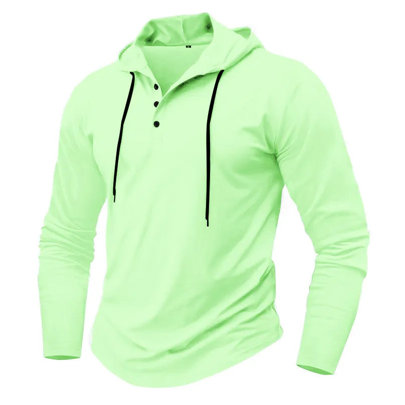 Men's sports fitness hooded long sleeve top in black polyester fabric with hood and long sleeves