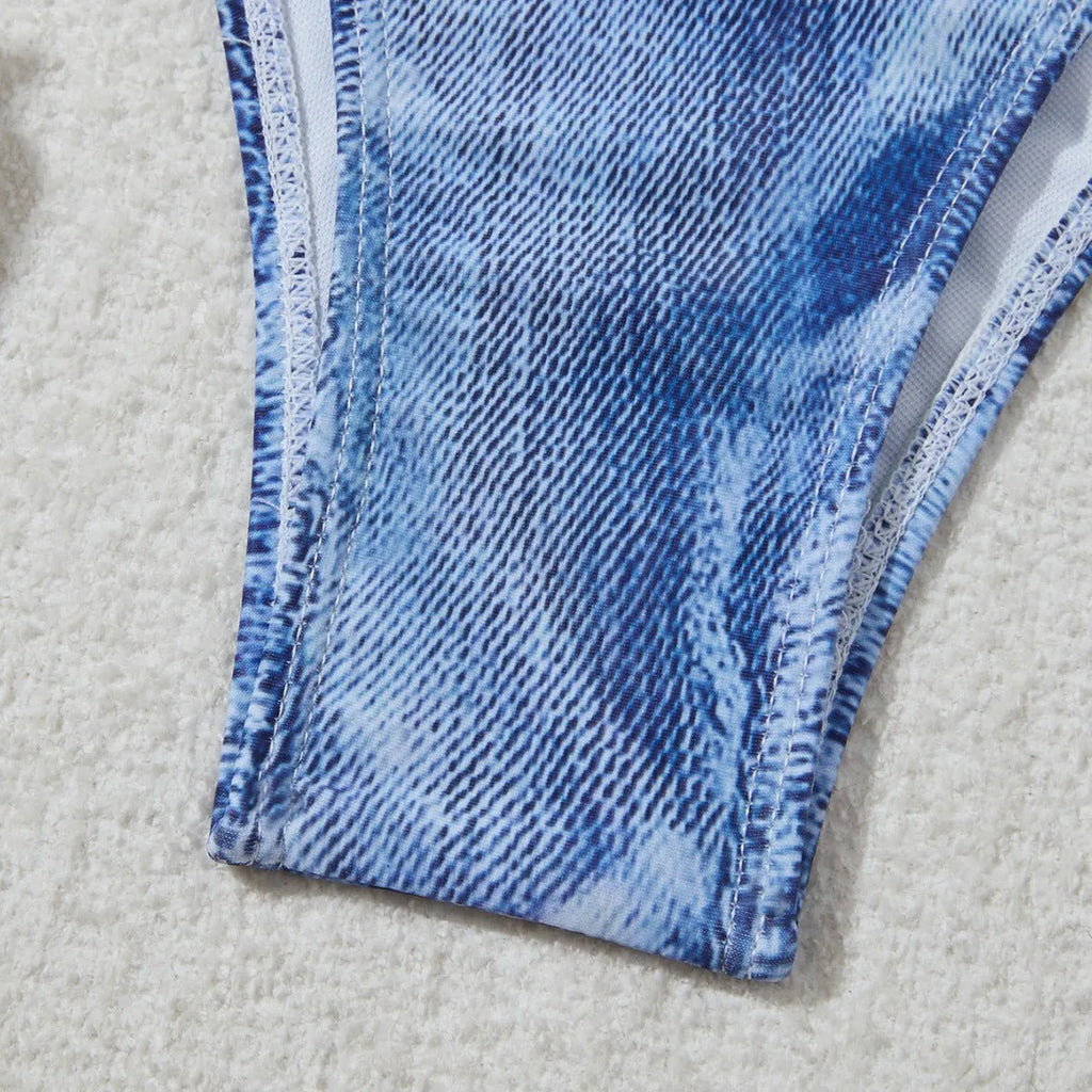 Women's denim blue printed bikini suit with strap detailing