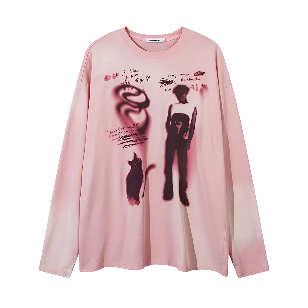 Women's loose dark grey cotton pullover top with drop-shoulder long sleeves on a hanger.