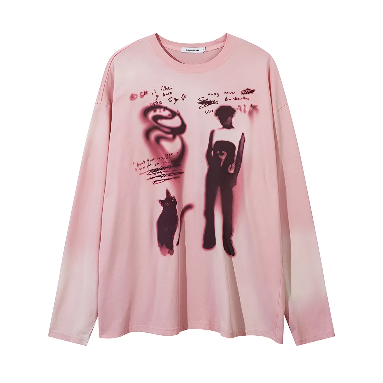 Women's loose dark grey cotton pullover top with drop-shoulder long sleeves on a hanger.