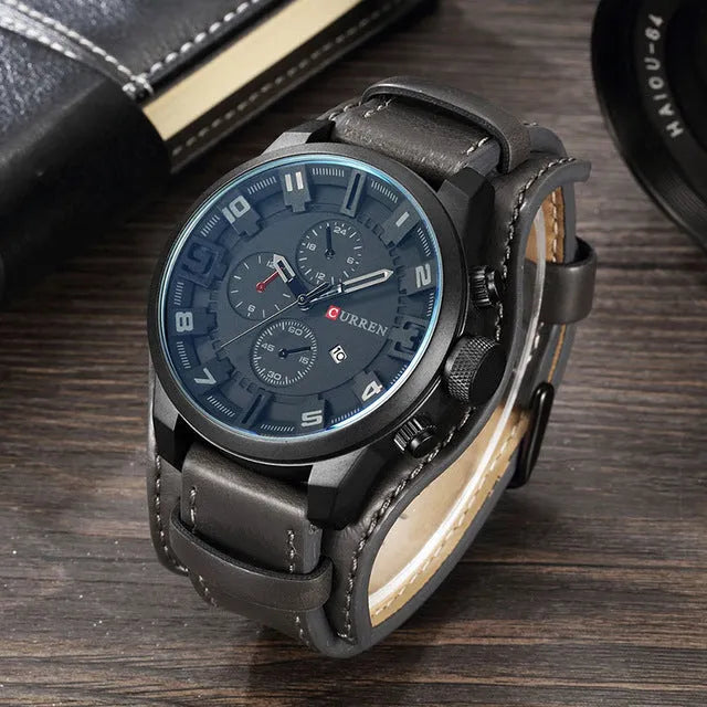 Belt Sports Large Plate Quartz Watch with black shell, black surface, black word, black faux leather strap
