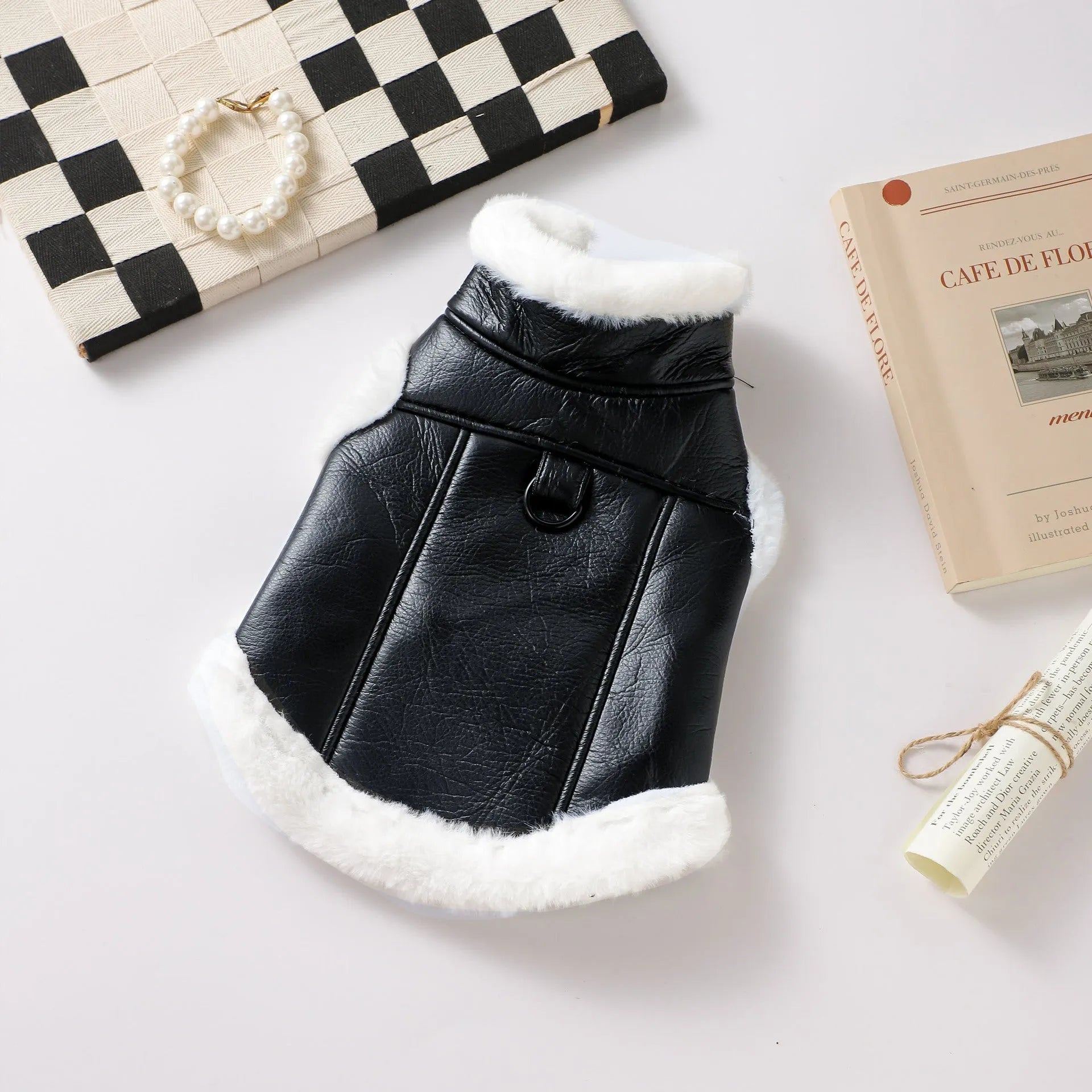 Black and brown leather jacket and vest for small dogs or cats in autumn and winter.