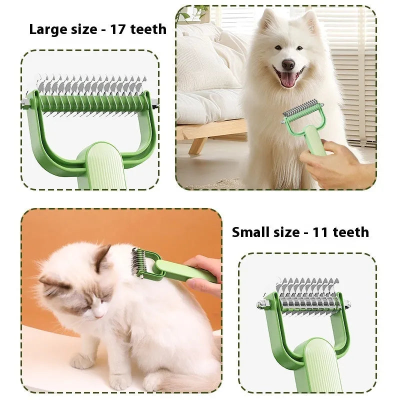 Green and grey dog detangling combs with stainless steel pins, showing large and small size options.