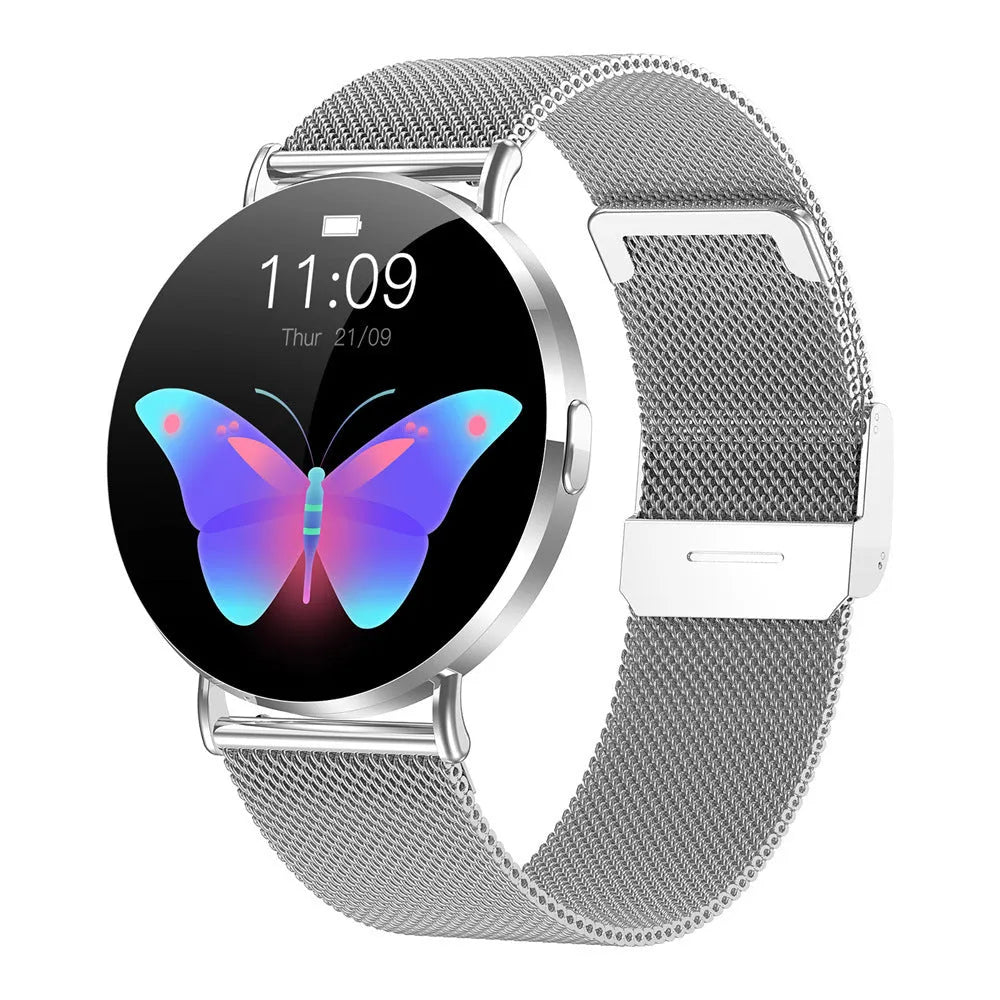 Ultra-thin aluminium alloy women's smart watch with AMOLED screen in gold steel colour showing health monitoring interface