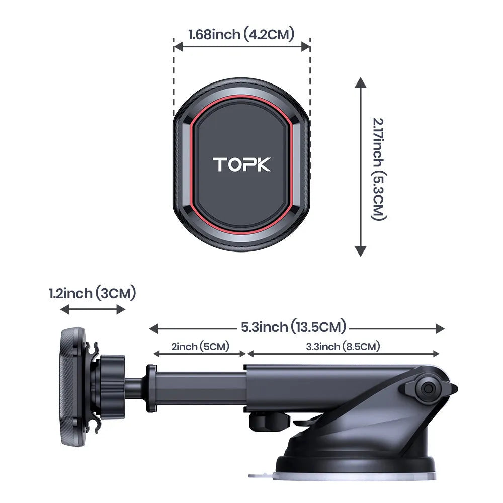 Magnetic car phone holder with suction cup mounted on car windscreen holding a smartphone