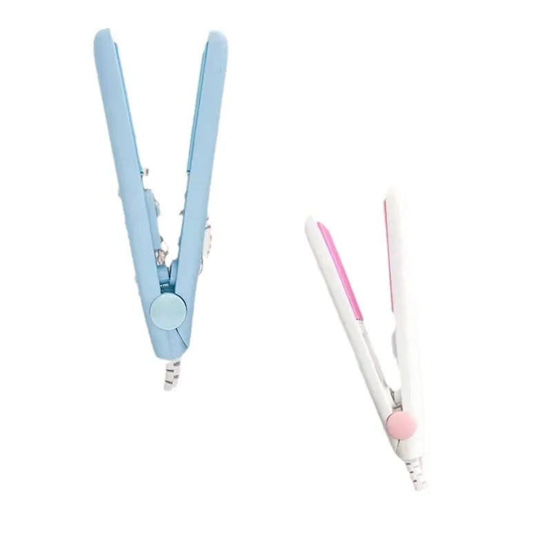 Mini hair straightener for bangs styling with storage box in blue, pink, purple, white, or yellow options