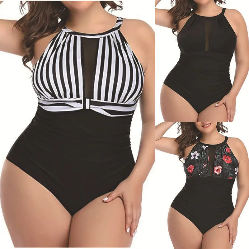 A women's solid colour one-piece lace swimsuit in black, red flower, or stripes pattern.