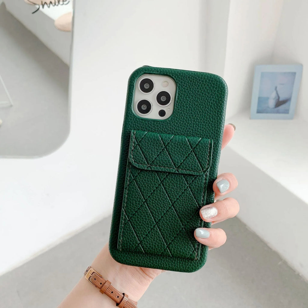 Tide imitation leather card wallet phone case for iPhone in six colours on a table