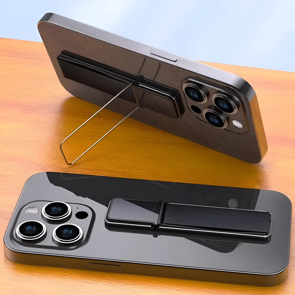 Mobile phone non-slip hand strap horizontal and vertical stand in black plastic