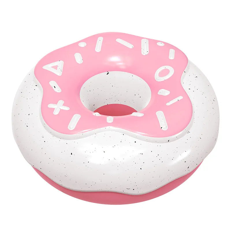 TPR donut-shaped dog chew toy in chocolate brown, pink, and yellow colours showing 118mm diameter