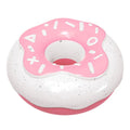 TPR donut-shaped dog chew toy in chocolate brown, pink, and yellow colours showing 118mm diameter