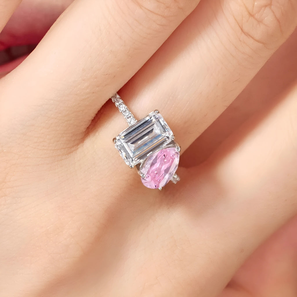 S925 sterling silver double main stone ring for women, geometric shape, sizes 6 to 9