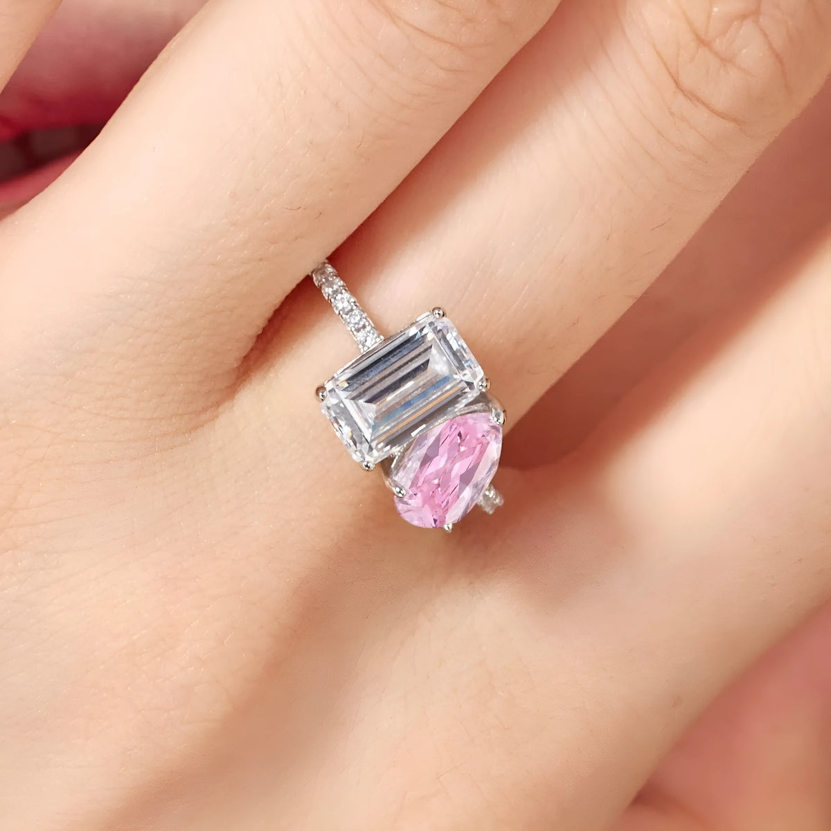 S925 sterling silver double main stone ring for women, geometric shape, sizes 6 to 9