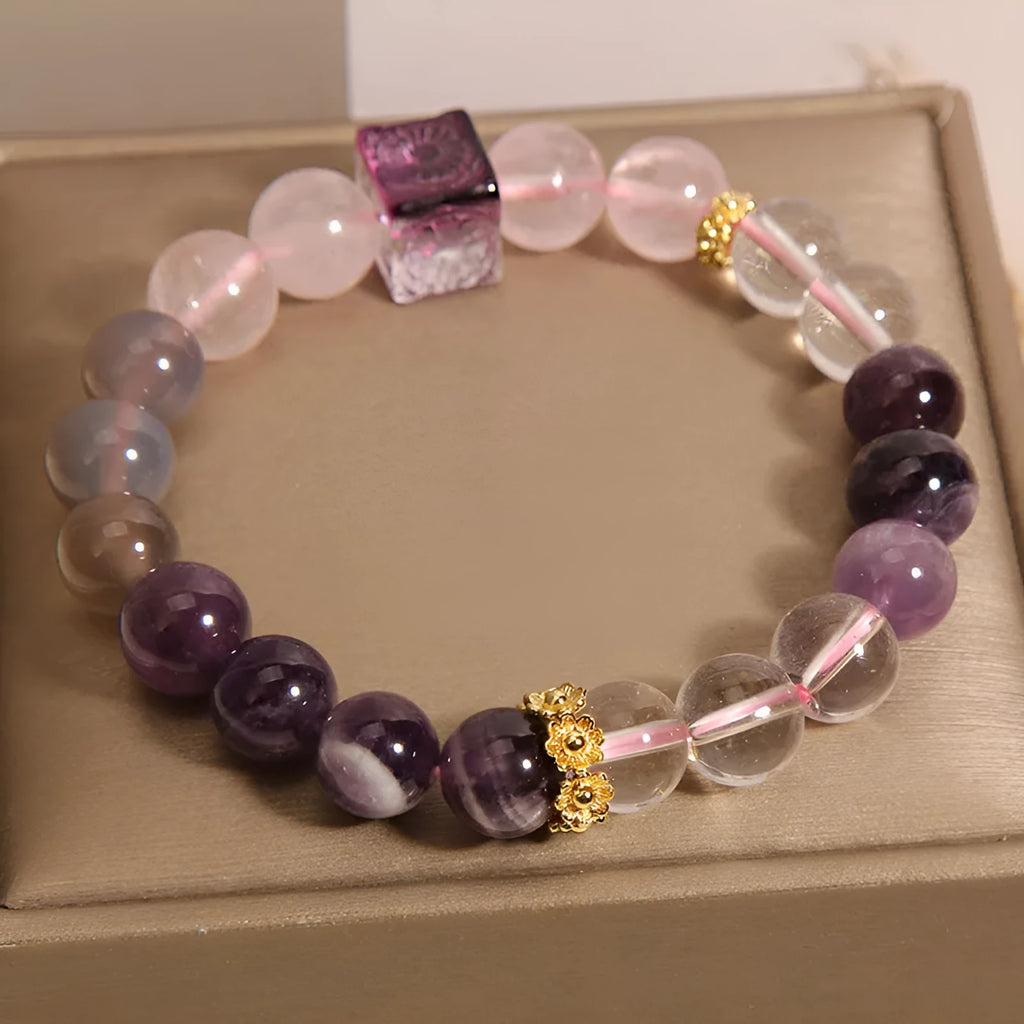 Purple natural amethyst crystal women's bracelet with rhinestone details, 10mm size.