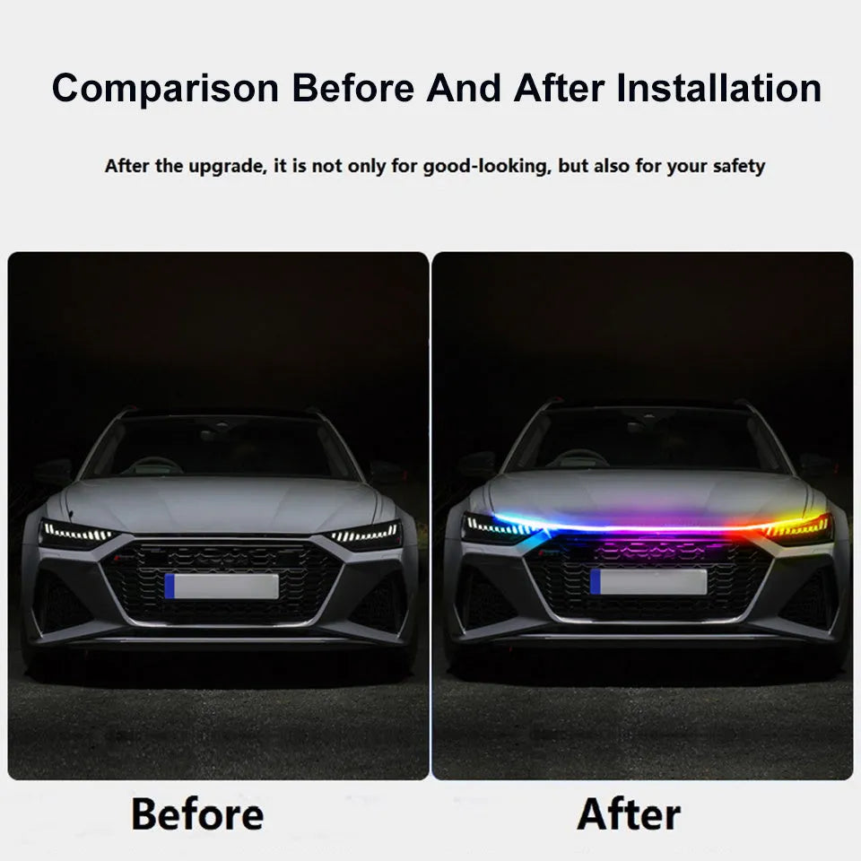 Universal flexible PVC LED light strip for car engine bay illumination in various colours.