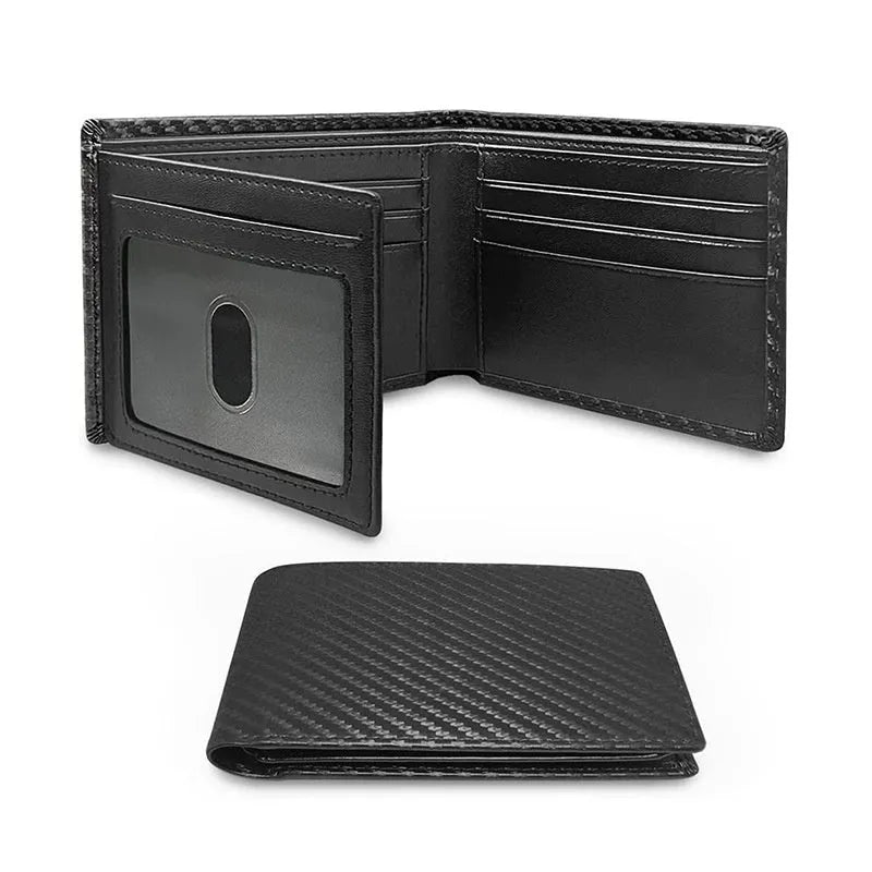 Men's black anti-magnetic wallet with PU leather exterior, microfiber lining, and sewing line detailing