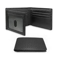 Men's black anti-magnetic wallet with PU leather exterior, microfiber lining, and sewing line detailing