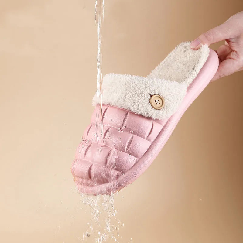 Plaid pattern detachable EVA slippers with plush lining and a textured nonslip sole.