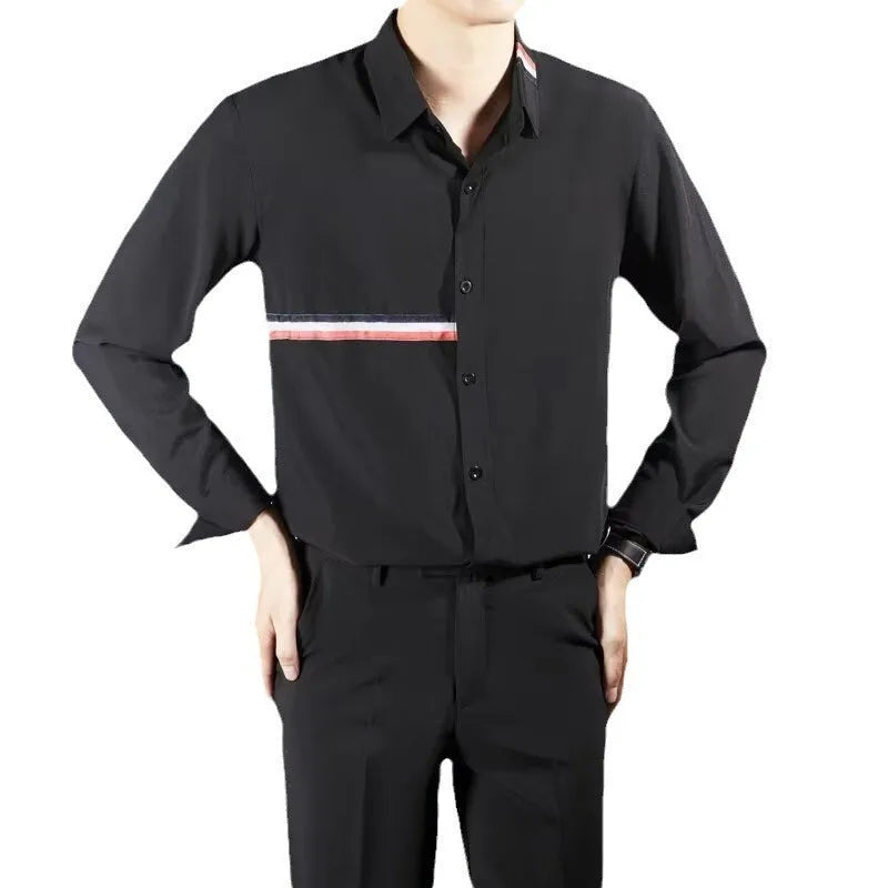 Hong Kong style loose fit cardigan shirt in cotton blend fabric with non-ironing technology