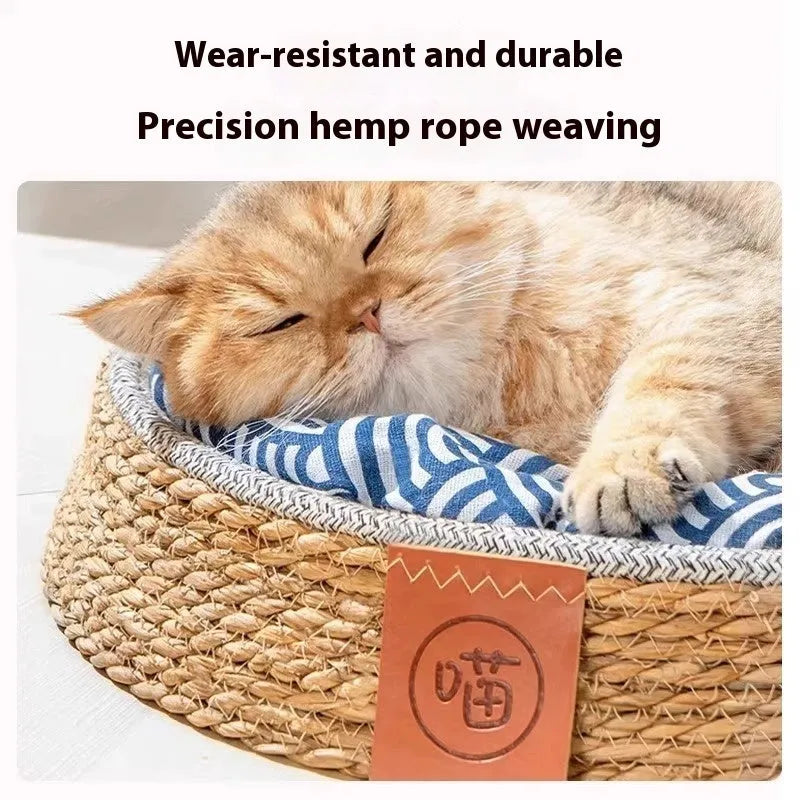 Woven rattan cat nest pet bed in a natural colour, shown in a size suitable for a medium cat.