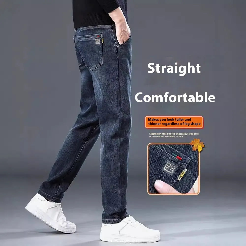 Blue grey slim straight casual trousers on a hanger, showing mid waist and straight leg design.