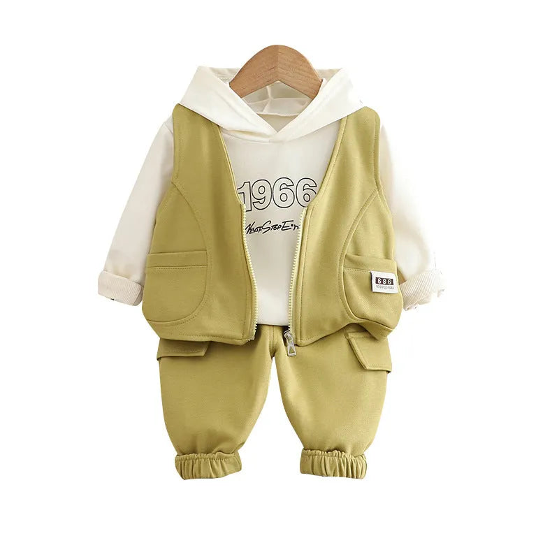 Children's number vest three-piece cotton set for boys in solid colour sport style long sleeve shirt and trousers