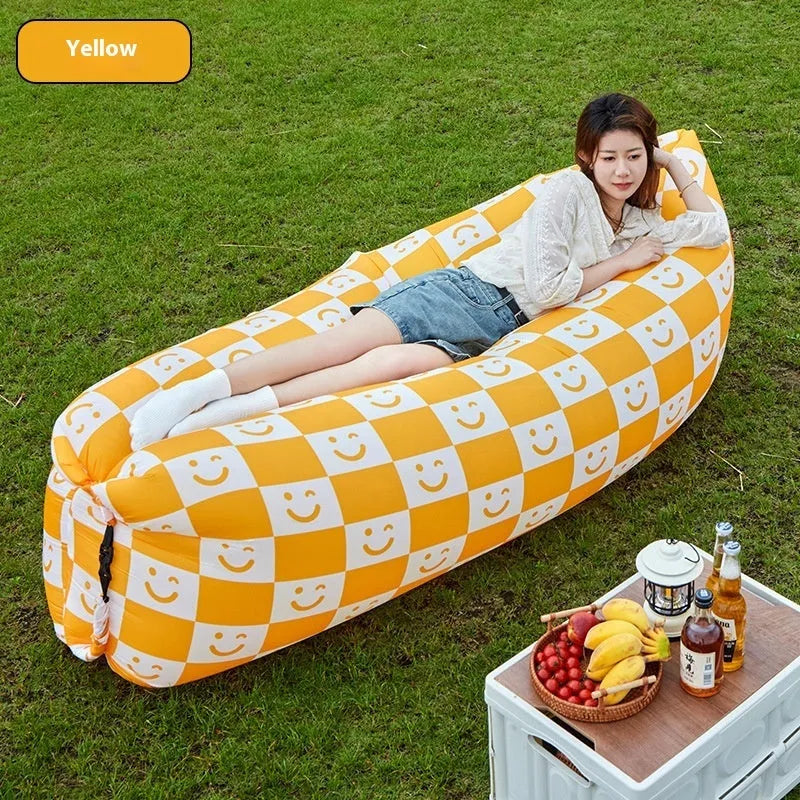 Inflatable lazy sofa in outdoor setting with Oxford cloth surface and colourful design options