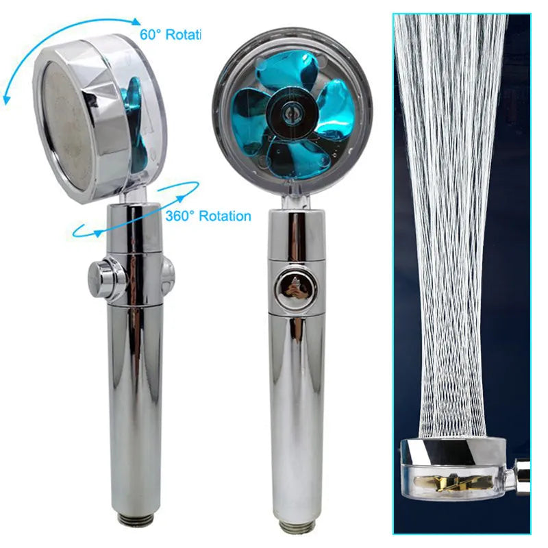 Chrome alloy turbocharged handheld shower head with stop button, five nozzles, and PP cotton filters