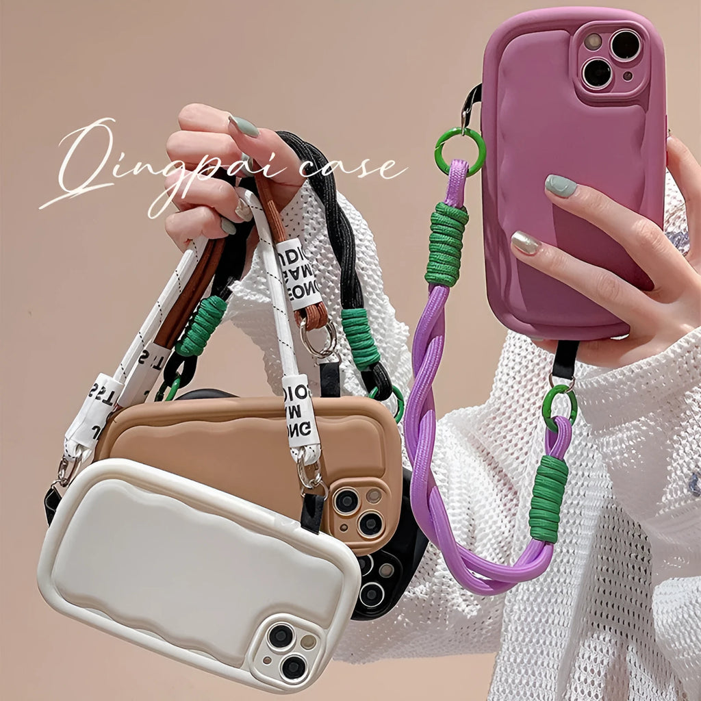 TPU phone case with ribbon wrist lanyard for Apple iPhone, all-inclusive solid colour cover