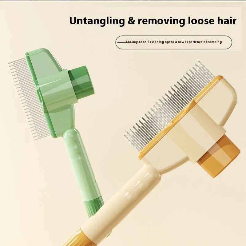 Yellow self-cleaning pet comb with release button and stainless steel teeth for dog and cat grooming