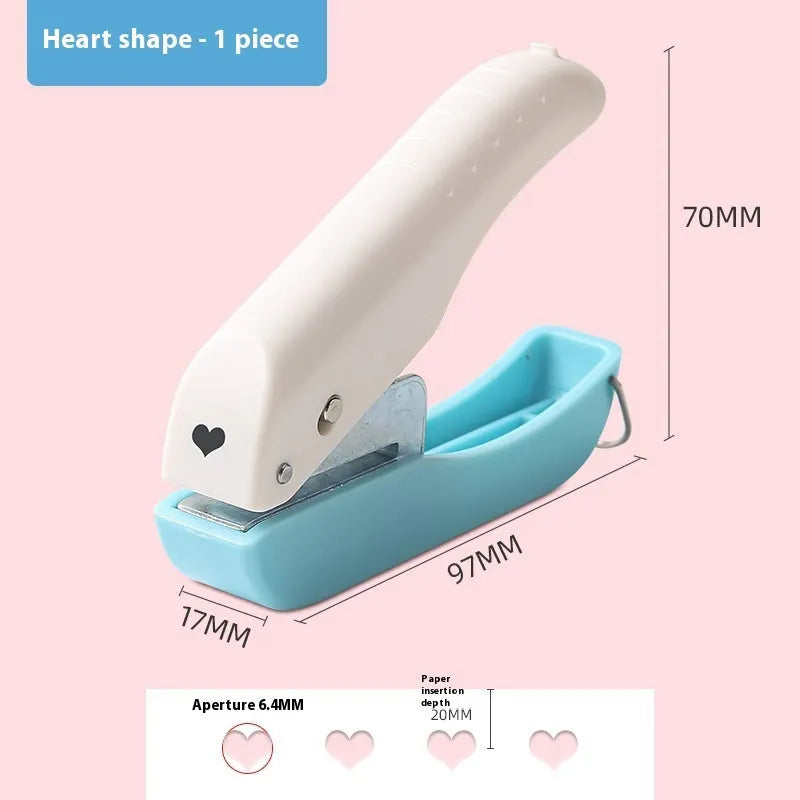 Small manual handheld punching machine with embossed patterns showing Love, Round 4mm, Round 6mm, and Star punch shapes.
