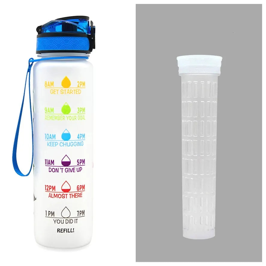 Blue-red gradient 1L Tritan water bottle with time markers and flip-top lid on a gym bag