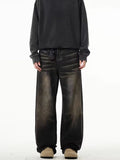 Men's retro straight-leg low-waist jeans in black and gray with high elasticity polyester denim