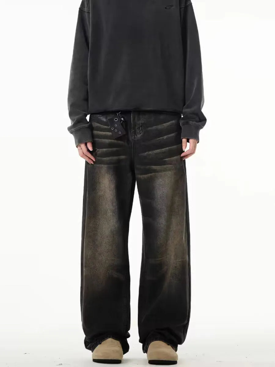 Men's retro straight-leg low-waist jeans in black and gray with high elasticity polyester denim
