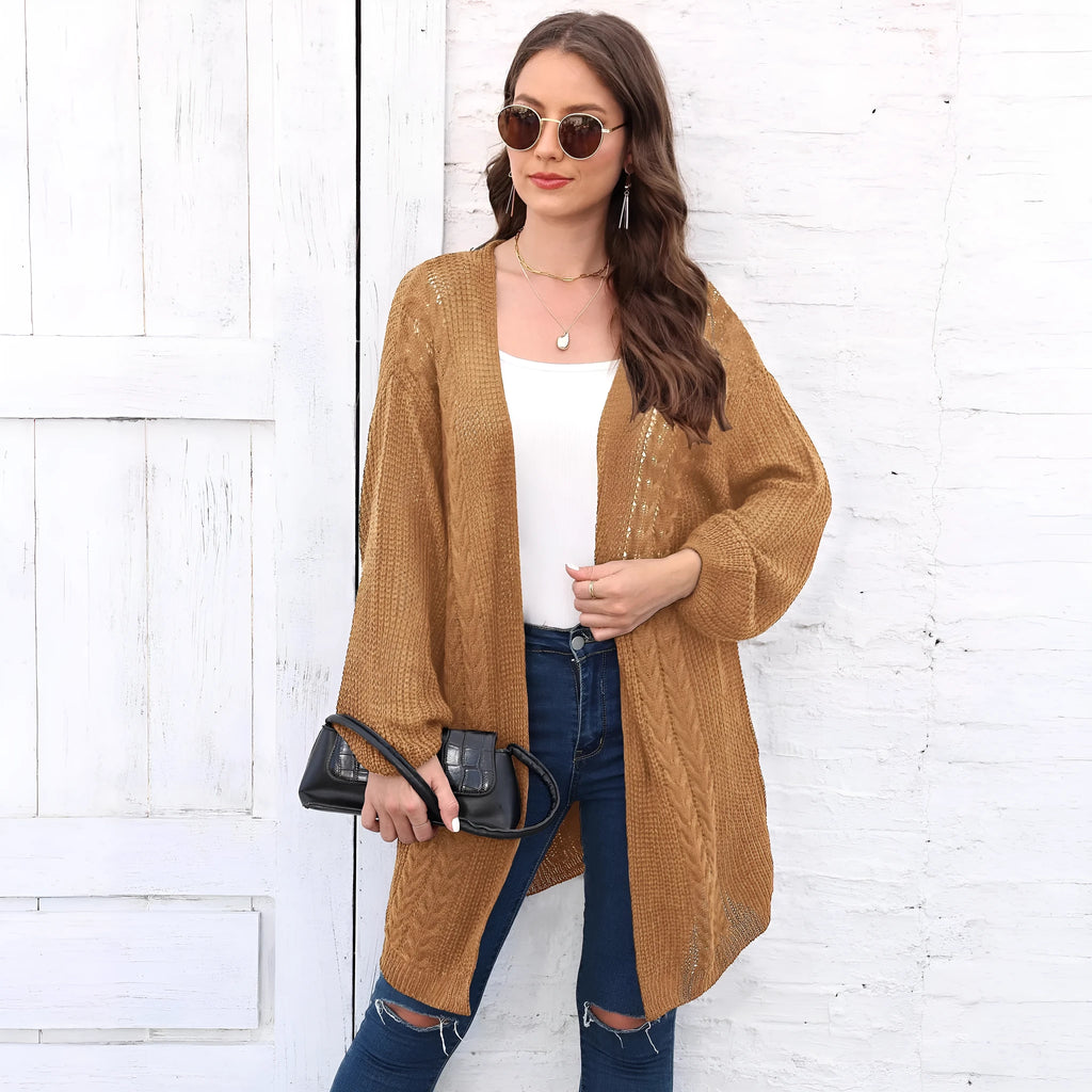 Women's longline acrylic cardigan in a free size loose fit, shown in brown.