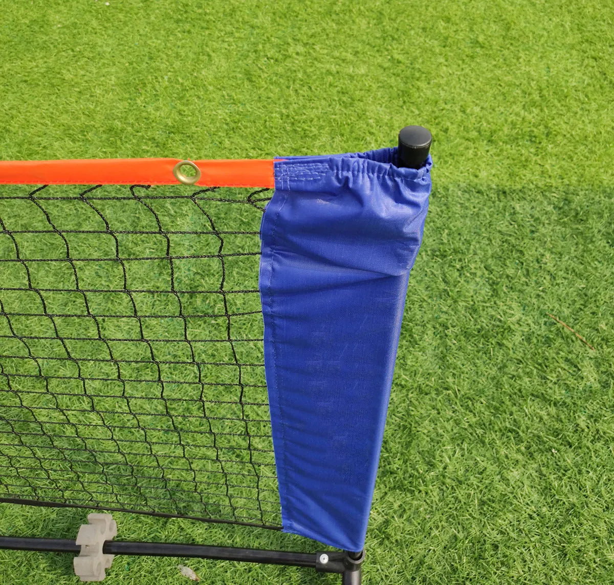Portable folding badminton bracket and net set with white PE plastic construction showing four length options