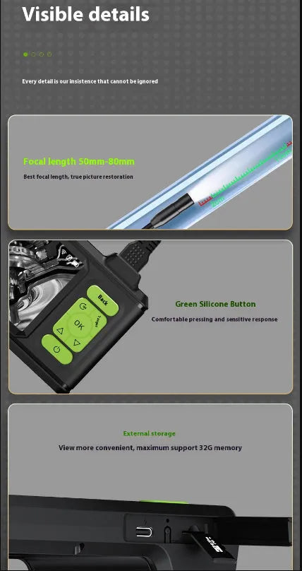 4.3-inch IPS screen endoscope with 8mm lens and 5m hard wire for auto inspection