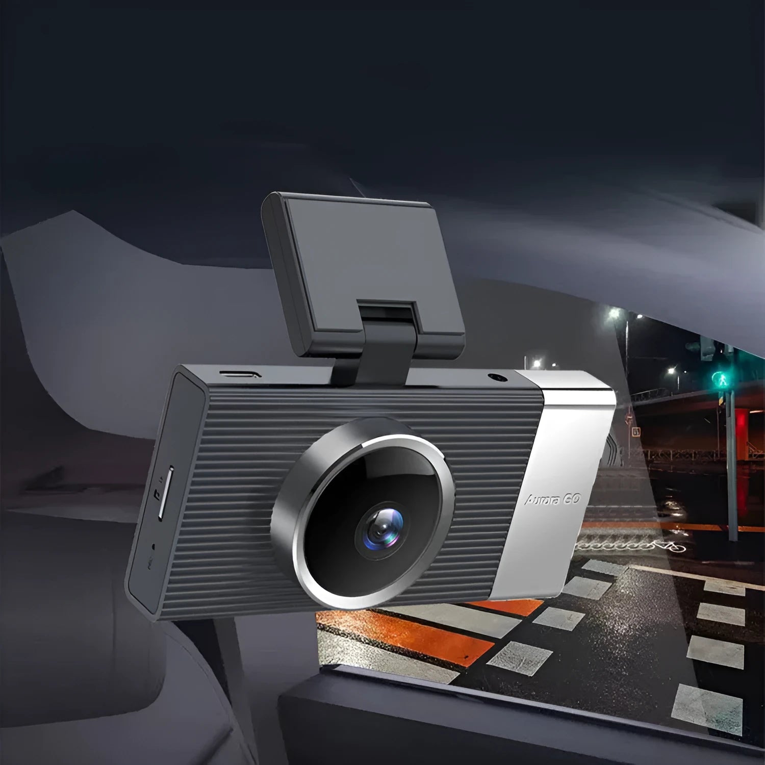 Wi-Fi driving recorder dash cam with 3-inch screen, shown with mobile app connection and multiple lens configuration options