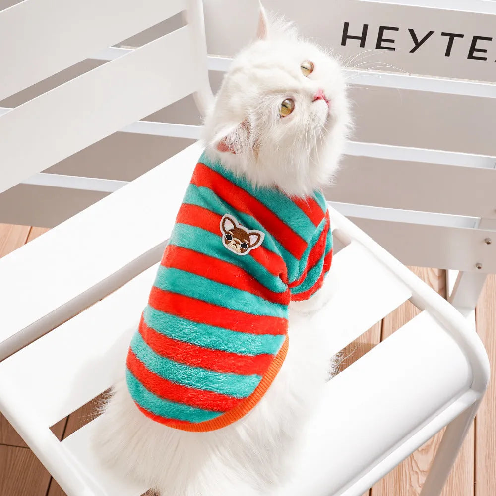 Embroidered fluffy polyester dog cat jacket in striped colour, XS-XXL chest 30-55cm