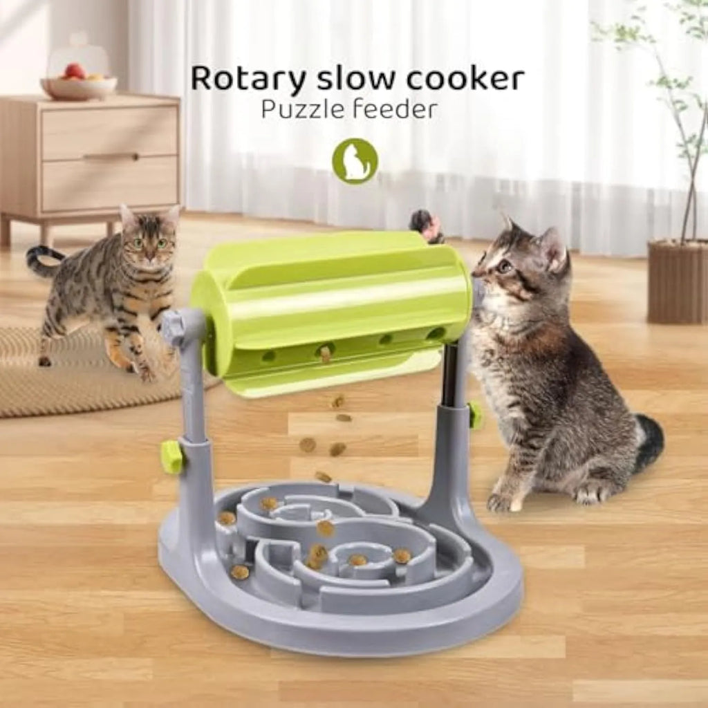 Blue interactive puzzle feeder bowl for dogs and cats with adjustable height and raised patterns.
