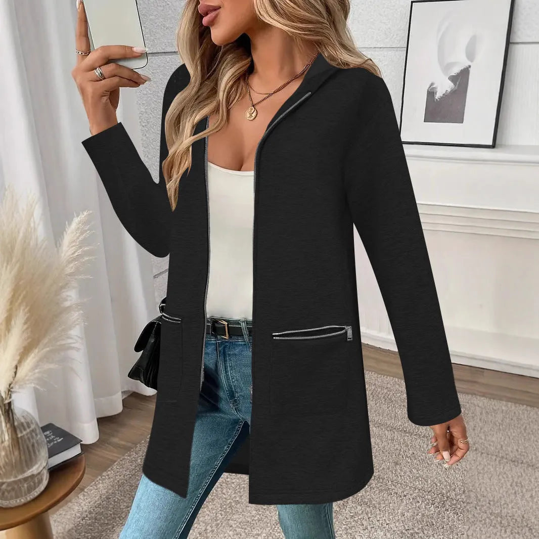 Women's loose grey cardigan coat with pockets in Japanese Korean casual style