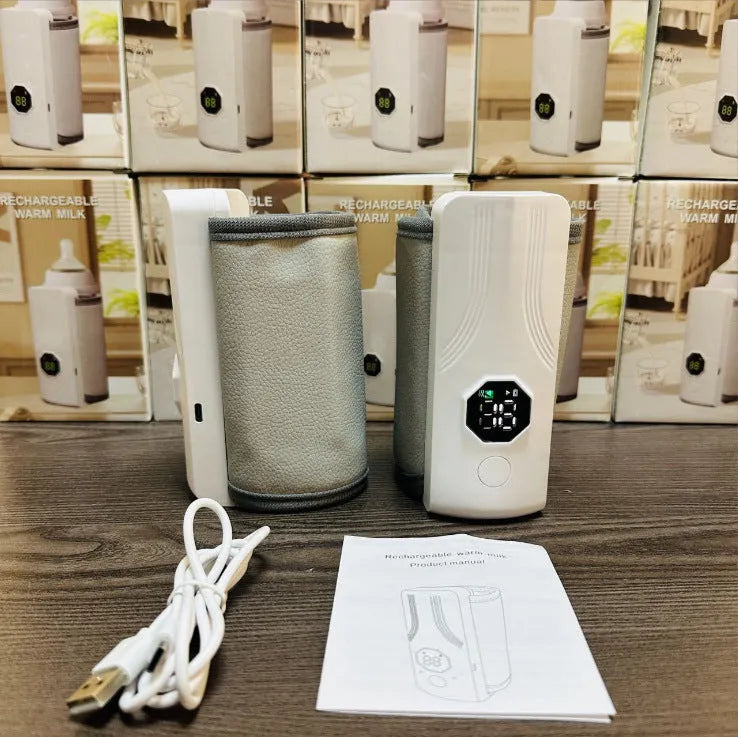 Grey and white car charger electric milk warmer with PU leather finish.