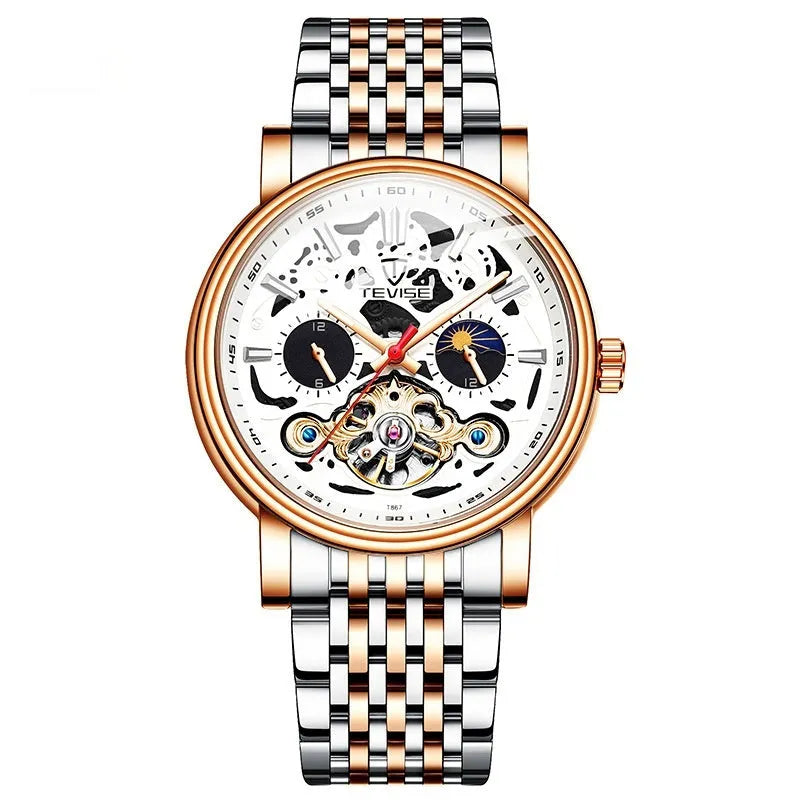 Men's waterproof mechanical watch with tourbillon and luminous dial on wrist, shown in rose black metal finish.