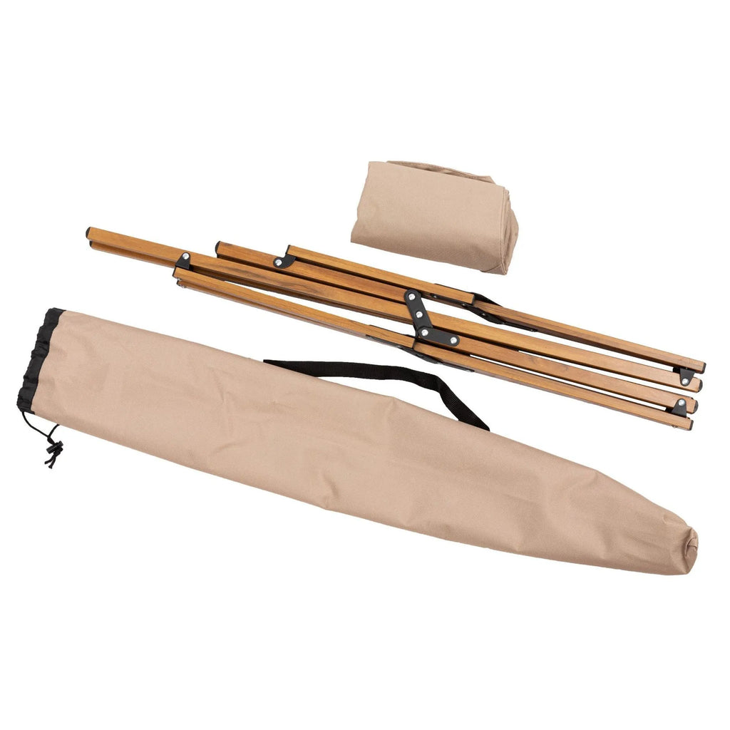 Folding camping chair with wood grain aluminium frame, rotating seat, and handrails in khaki colour