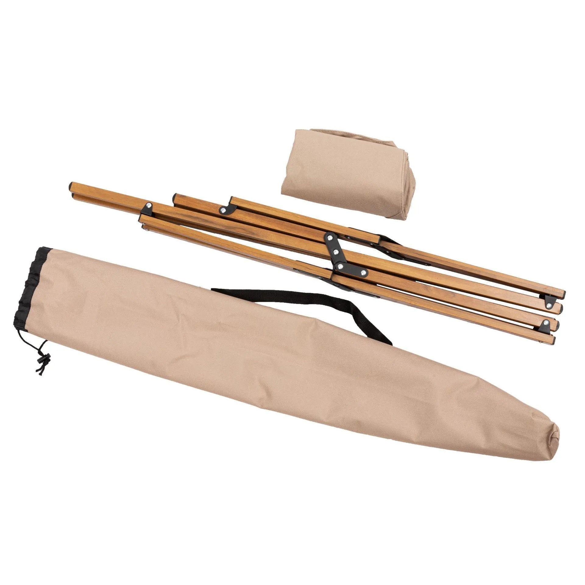 Folding camping chair with wood grain aluminium frame, rotating seat, and handrails in khaki colour