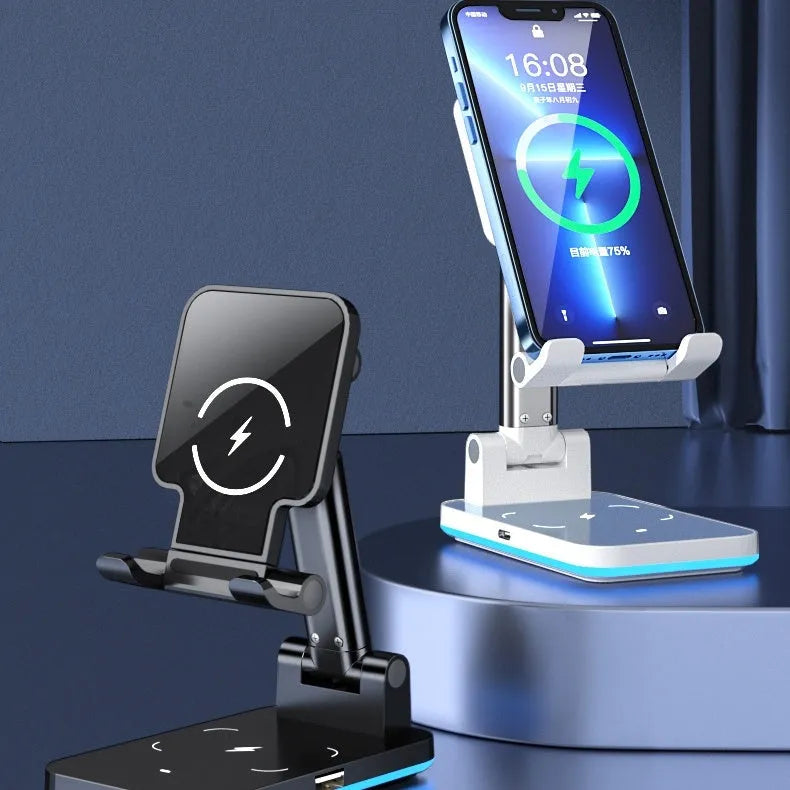 Cool black desktop wireless charging stand holding a mobile phone upright.